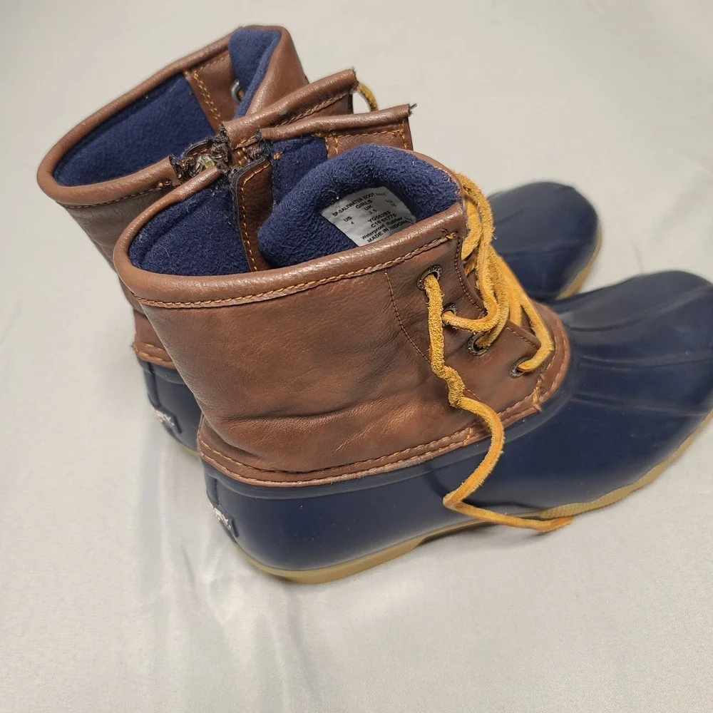 Sperry Saltwater Duck Boots Girls US 4 Navy Brown Waterproof Lace‎ Up Winter